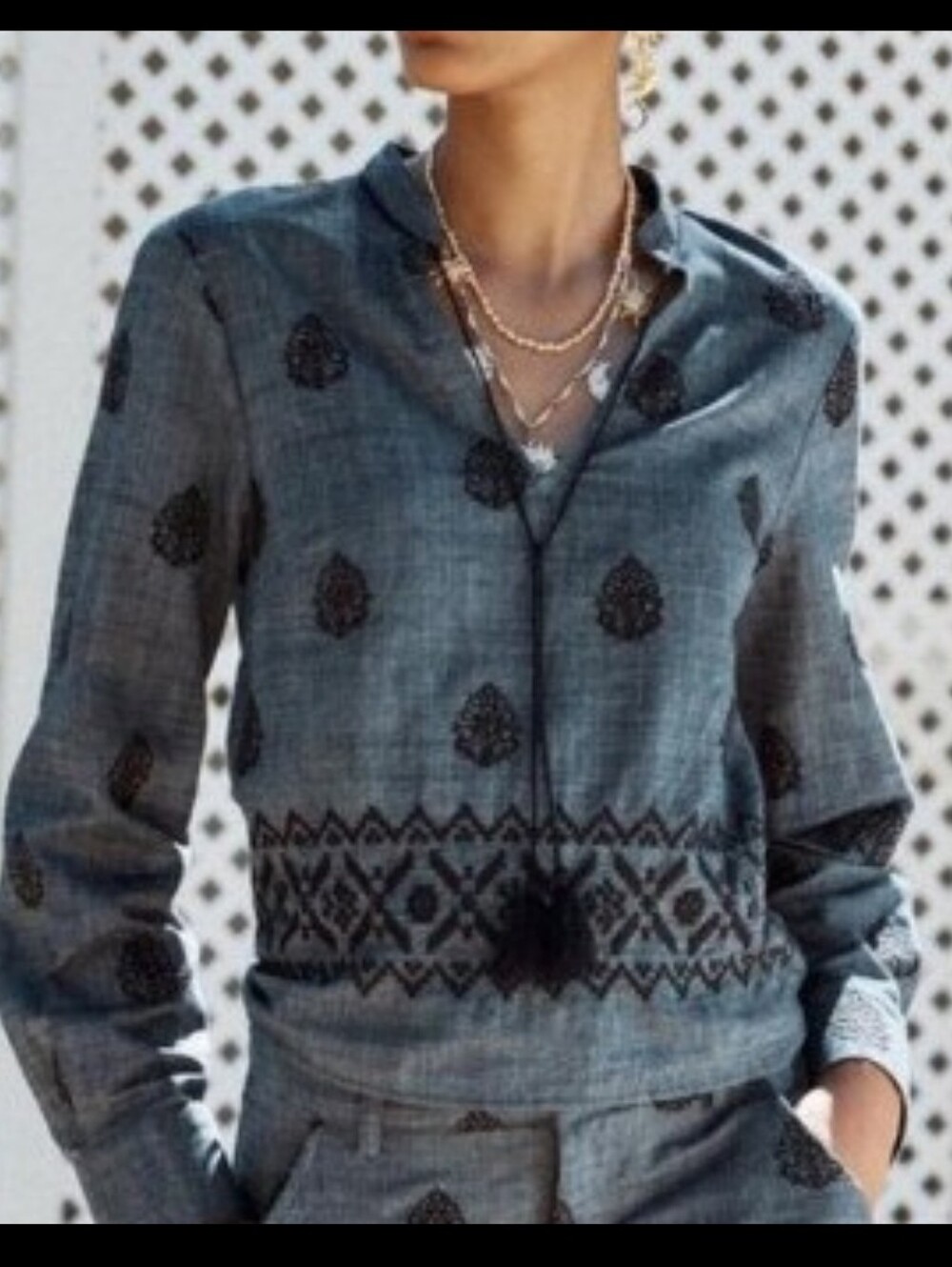 Zara Blue Geometric Embroidery Tassel Top SMALL Boho